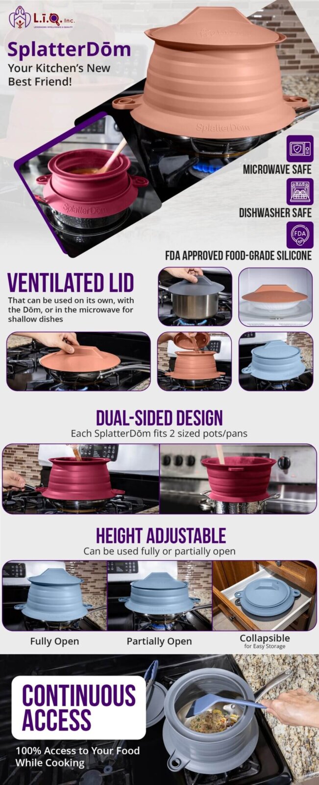 Collapsible silicone SplatterDōm lids shown in multiple colors and uses — on stove, in microwave, and as standalone ventilated lids. Demonstrates dual-sided, height-adjustable design made from FDA-approved, food-grade silicone that’s microwave and dishwasher safe.