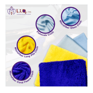 Advertisement showing cloth kit of four microfibre towels and names, coral fleece cloth, long pile cloth, fishscale cloth, glass cloth.