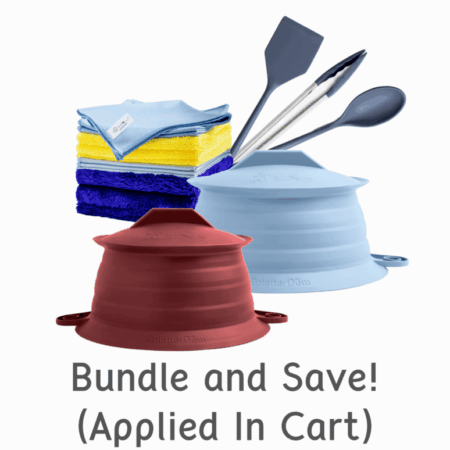 LīQ Home bundle set including SplatterDōm splatter guard, microfiber cloths, and bendable utensils