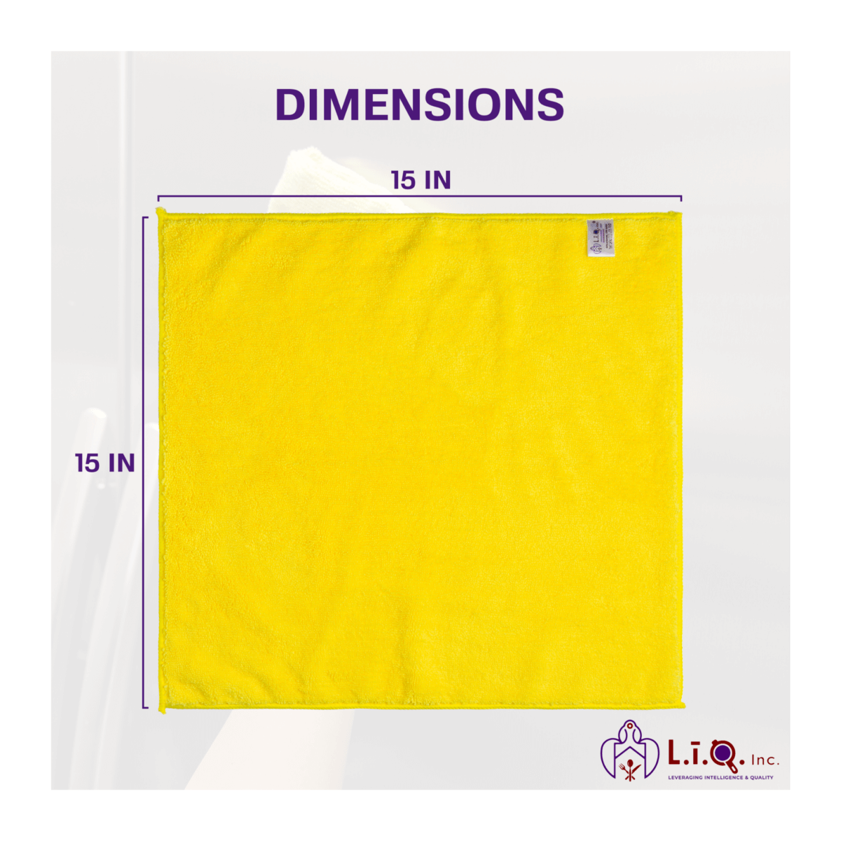 Yellow long pile microfibre cloth displaying dimensions and size.
