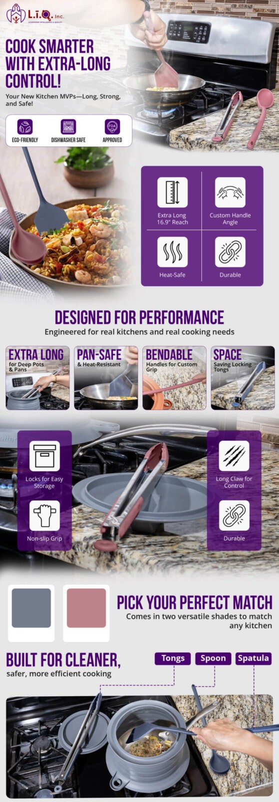 Extra long bendable utensils shown in multiple colors and uses — in pan, resting on counter, and as standalone images. Demonstrates bendability, extra long length, FDA-approved, food-grade silicone that is dishwasher safe.