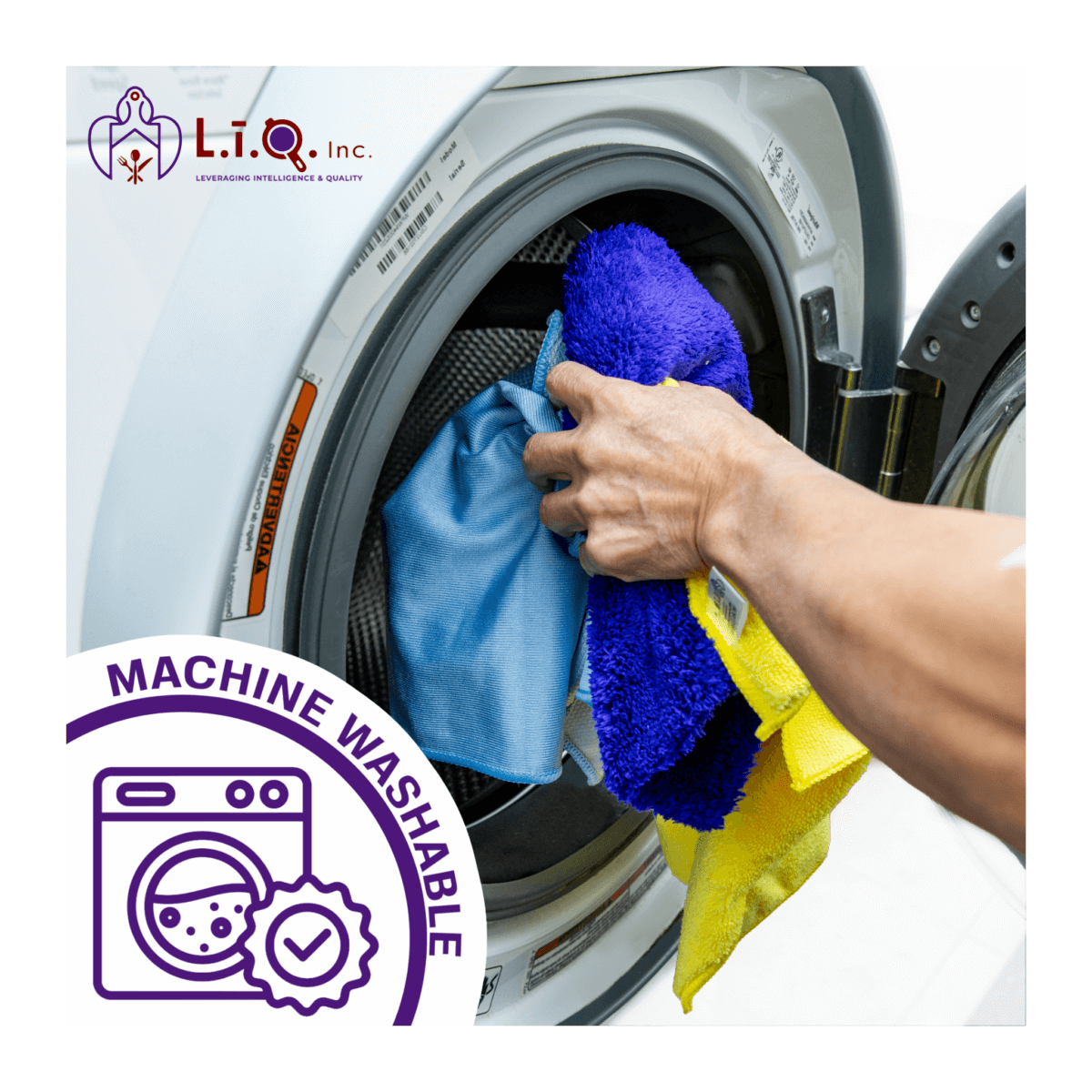 Set of four different microfibre cloths being put in a washing machine for easy cleaning.