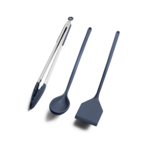 Extra Long Bendable Metal Utensils in Bold Blue, spatula, spoon and tongs silicone for kitchen use.